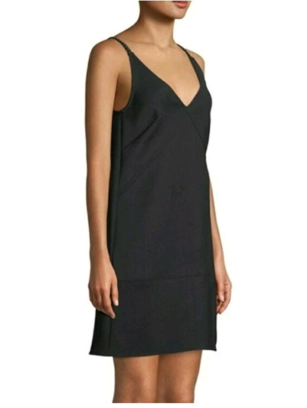 Helmut Lang Black V-Neck Mini Faux Leather Studded Straps Mini Dress Size 0